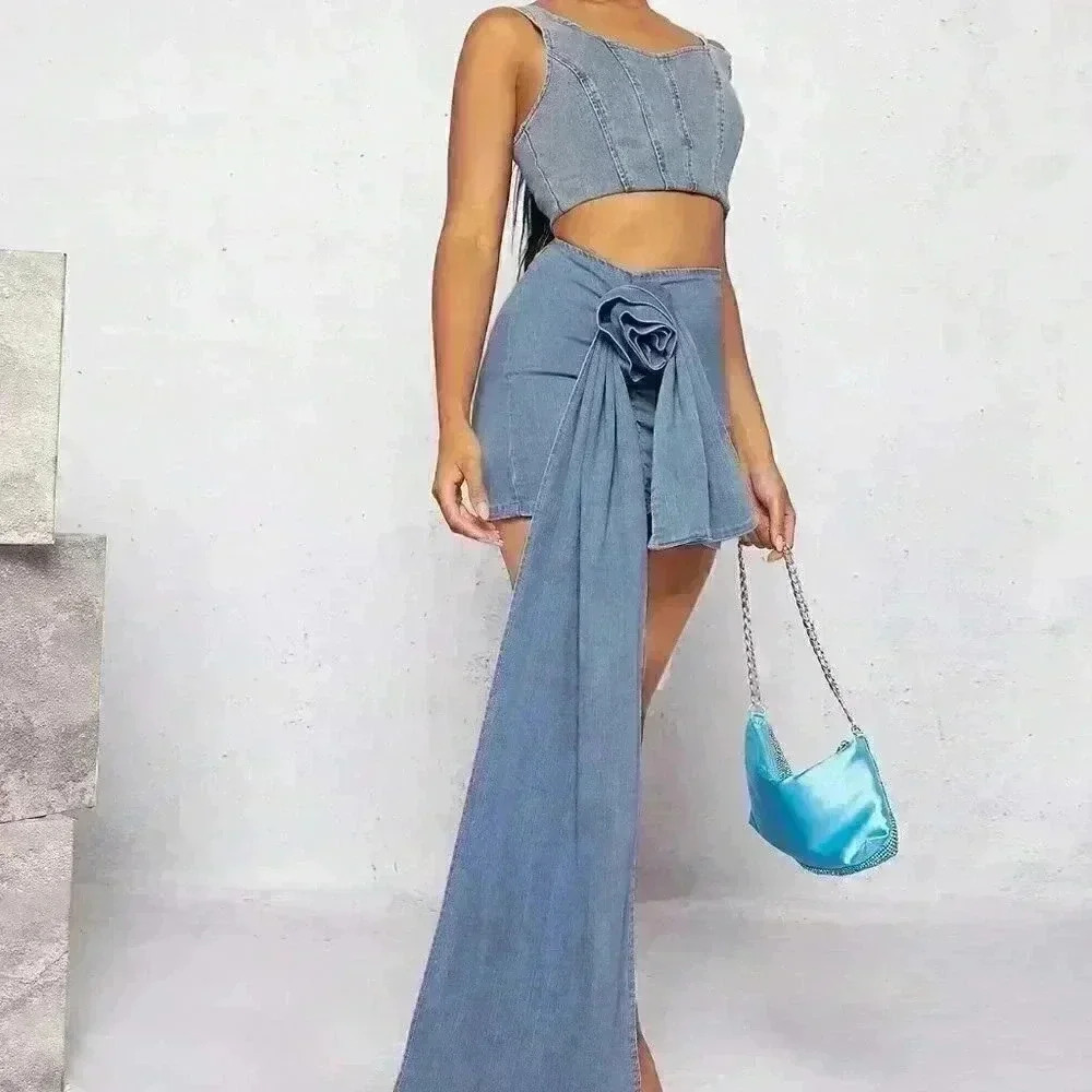 Casual Rosette Draped Side Denim Skirt Light Wash - Picture 4 of 5